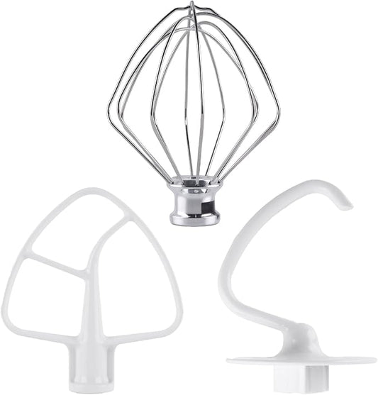3-Piece Kit Attachments for KitchenAid Tilt-Head Stand Mixer, Accessories Stainless Steel K45WW Wire Whip, K45DH Dough Hook and K45B Coated Flat Blade Paddle with Scraper