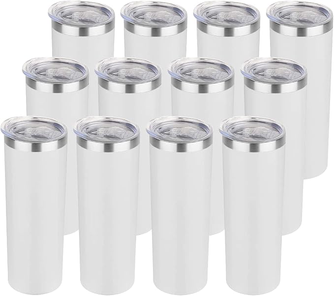 HASLE OUTFITTERS 20 oz Skinny Tumblers Bulk Set, Stainless Steel Insulated Slim Tumblers with Lids, Reusable Double Wall Travel Coffee Mugs, Durable Powder Coated Travel Water Cups(White, 12)