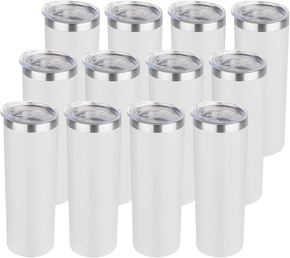 HASLE OUTFITTERS 20 oz Skinny Tumblers Bulk Set, Stainless Steel Insulated Slim Tumblers with Lids, Reusable Double Wall Travel Coffee Mugs, Durable Powder Coated Travel Water Cups(White, 12)