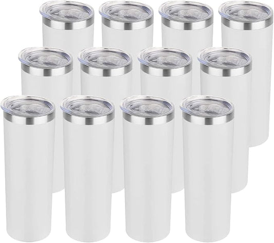 HASLE OUTFITTERS 20 oz Skinny Tumblers Bulk Set, Stainless Steel Insulated Slim Tumblers with Lids, Reusable Double Wall Travel Coffee Mugs, Durable Powder Coated Travel Water Cups(White, 12)