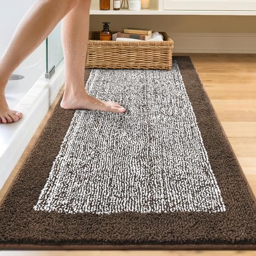 60x24 Long Bathroom Rugs Non Slip Washable, Soft Absorbent Bath Mat Brown