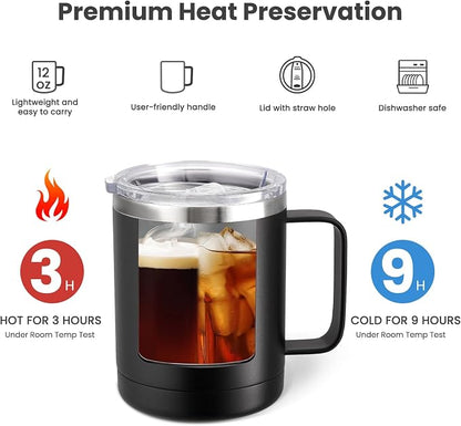 MEWAY 12oz Coffee Mug With Handle and Sliding Lid,Stainless Steel Travel Tumbler Cup with Handle,Double Wall Vacuum Insulated Camping Cup for Hot & Cold Drinks Tea (Black,Set of 1