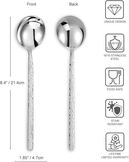 KEAWELL Premium Korean Soup Spoons with Long Handles, Set of 4, 18/10 Stainless Steel, Dishwasher Safe (Hammered)
