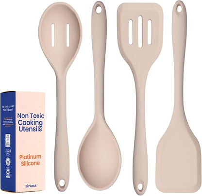 Non-Toxic Platinum Silicone Kitchen Utensil Set of 4 – Non-Scratch Cooking Spoon & Spatula, 100% Plastic Free, Stainless Steel Core, Heat Resistant 500°F, Beige