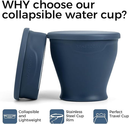 TakeToday 2PCS Collapsible Travel Cup 8 oz - Silicone Foldable Water Cup, BPA-Free with Lid & Waterproof Bag - Drinking Cup Set for Camping, Outdoors & International Travel（ Navy & Dark Green）