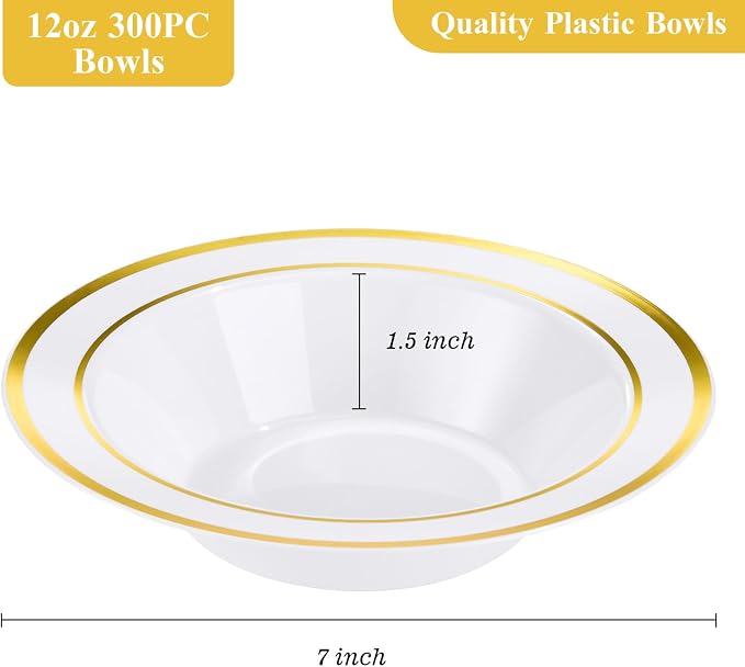 Goodluck 300 Pack Plastic Bowls with Gold Rim, 12oz Disposable Soup Bowls, Heavy Duty Dessert Bowls for Weddings, Parties, Dinners, Catering, Thanksgiving and Everyday Use
