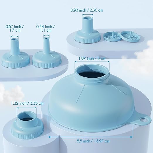 Pisol Wide Mouth Versatile Funnel, Canning Funnels for Kitchen Use, Food Grade Plastic Cooking Funnel Set with 4 Size Spouts and 2 Strainers for Filling Different Bottles and Bags, Blue
