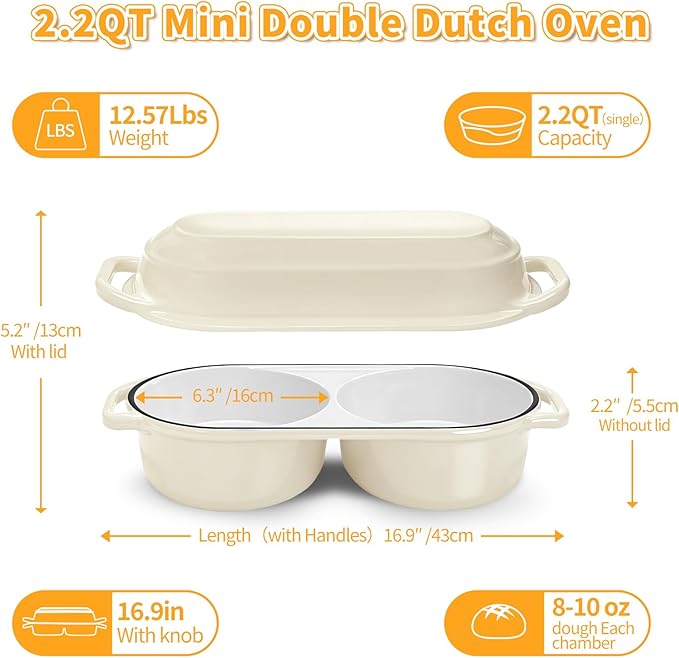 Mini Double Dutch Oven For Sourdough Bread Baking, 2.2QT Enameled Cast Iron Dutch Oven Pot With Lid, Non Stick Dual Round Bread Loaf Pan, 500°F Oven Safe, Sourdough Baking Pan For Homemade Baking