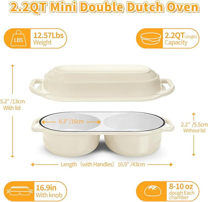 Mini Double Dutch Oven For Sourdough Bread Baking, 2.2QT Enameled Cast Iron Dutch Oven Pot With Lid, Non Stick Dual Round Bread Loaf Pan, 500°F Oven Safe, Sourdough Baking Pan For Homemade Baking