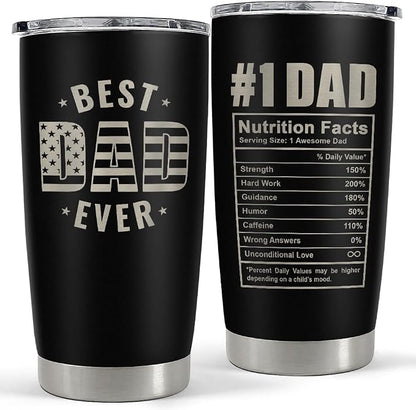 SANDJEST Best Dad Ever Tumbler with Lid - Dad Nutrition Facts 20oz Insulated Stainless Steel Mug - Coffee Mug for Travel Outdoor Sport Office, Gift for Father’s Day Birthday