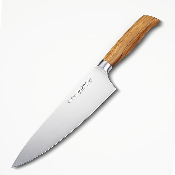 WICKWILLOW 8 Inch Chef Knife - Swedish Steel 14C28N with Italian Olive Wood Handle - Professional Kitchen Knife for Culinary Enthusiasts - Meat, Vegetables & Daily Prep - Gift Box - Jarniva Series