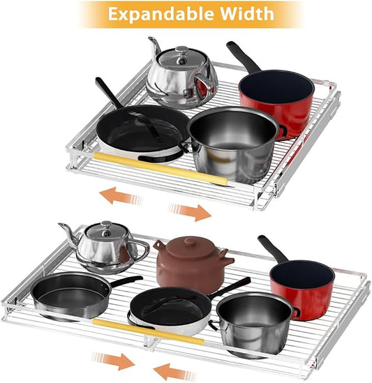 SANNO Pull Out Cabinet Organizer,Expandable Slide Out Shelf, Bottom-Mounted Sliding Shelf Under Sink Shelf, Expandable Shelves with Sliding for Kitchen Cabinets Under Sink,3