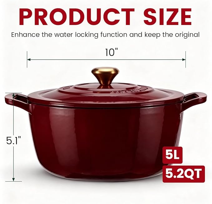 Cast Iron Dutch Oven - JINCHUFURI Enameled Cast Iron Dutchs Oven with Lid 5 Quart enamel dutch ovens Pot Heavy-Duty Cookware for Sourdough Bread Baking,Stews, Roasting,Braising(Rose Red)