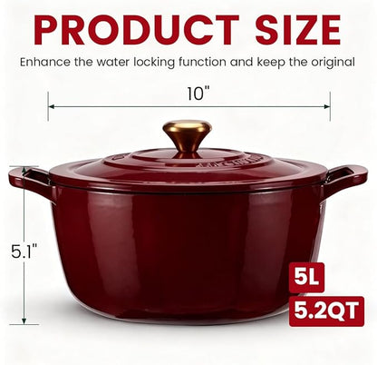 Cast Iron Dutch Oven - JINCHUFURI Enameled Cast Iron Dutchs Oven with Lid 5 Quart enamel dutch ovens Pot Heavy-Duty Cookware for Sourdough Bread Baking,Stews, Roasting,Braising(Rose Red)