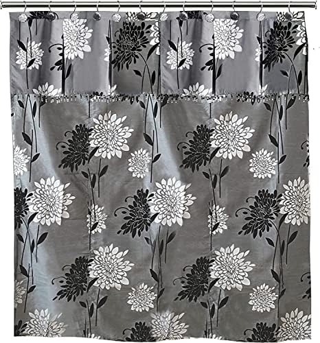 Zahari Home 13pc Erica Bathroom Fabric Shower Curtain Sets Bathroom Shower Curtain & 12 Shower Bathroom Hooks Modern Classic Luxury Contemporary Decor Grey Shower Curtain Stylish Bath Sets