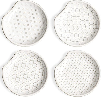 LE TAUCI Ceramic Spoon Rests for Stove Top, Set of 4 Modern Farmhouse Spoon Holder for Kitchen Counter & Coffee Bar, 4.8 Inch Heat Resistant Utensil Rest for Cooking, Embossed, White