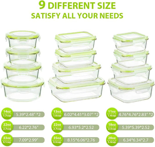 Bayco Glass Food Storage Containers with Lids, [24 Piece] Glass Meal Prep Containers, Airtight Bento Boxes, Leak Proof (12 lids & 12 Containers) - Green
