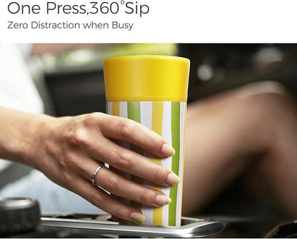 Travel Coffee Mug with 360° Lid,12 oz One-Hand Open/Close 360° All-Round Drinking Spout Travel Cup,Leak Spill Proof Vacuum Insulated Stainless Steel Silicone Bottom Coffee Tumbler for Hot Cold Orange