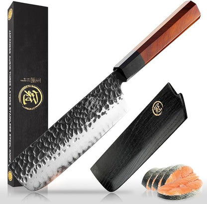 7 Inch Nakiri Chef Knife AUS10 3-layer High Carbon Stainless Steel Vegetable Kitchen Knife, Hand Forged Professional Sharp Multipurpose Nakiri Knife(Rosewood Handle & Gift Box)