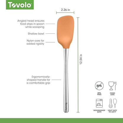 Tovolo Spoon Spatula Spoonula with Stainless Steel Handle Ergonomic Grip Apricot Orange, Silicone Scoopula Kitchen Utensil Non Scratch Easy Clean Dishwasher Safe Heat Resistant Scoop Spatula