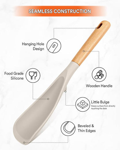 Cooking Spoon for Nonstick Cookwares, Great for Cooking and Serving Sturdy BPA-Free Matte Silicone, Wood Handle Spoon for Mixing, Scoop, and Scrape (KHAKI, 11.4 inch)
