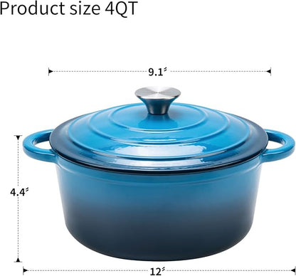 Enameled Cast Iron Dutch Oven - 4QT Pot with Lid,Oven Safe to 500°F,Heavy-Duty Cookware for Sourdough Bread Baking,Braising,Stews,Roasting Blue