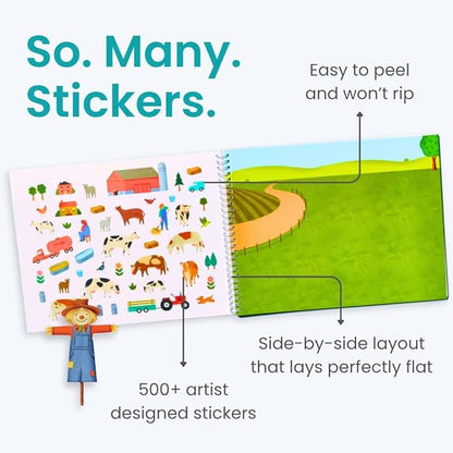 Farm Animal 500+ Kids Sticker Book by Cupkin Toddler Airplane Travel Activity Coloring and Sticker Book, Road Trip Essentials, 12 Coloring Pages 12 Scenes for Ages 2–8 Years
