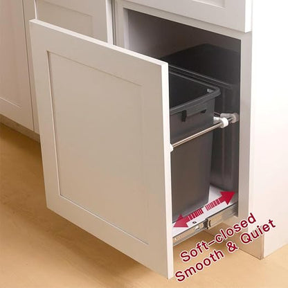 Pull Out Trash Can Rack Under Cabinet Adjustable 1-3 Bin Holder with Heavy-Duty Soft-Close Slides, Sturdy Wooden Base Support, Door Mounting for Kitchen, Living Room (Small)