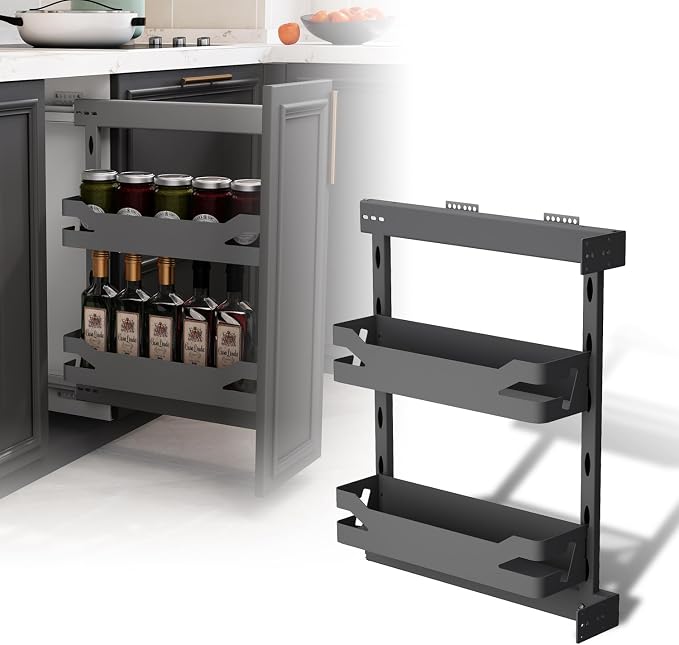 VADANIA Naro Pull Out Cabinet Organizer with Solid Metal Trays, 2-Tier Spice Rack for 8" Base Cabinets, Soft Close Full-Extension Slides, Reversible Left or Right Side Mount