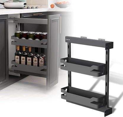 VADANIA Naro Pull Out Cabinet Organizer with Solid Metal Trays, 2-Tier Spice Rack for 8" Base Cabinets, Soft Close Full-Extension Slides, Reversible Left or Right Side Mount
