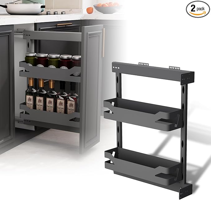 VADANIA Naro Pull Out Cabinet Organizer with Solid Metal Trays, 2-Tier Spice Rack for 10" Base Cabinets, Soft Close Full-Extension Slides, Reversible Left or Right Side Mount