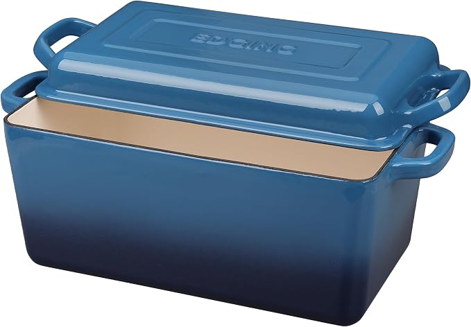 EDGING CASTING Enameled Cast Iron Dutch Oven, Oblong Bread Oven for Sourdough Bread Baking, Baking Pan, Dual Handles, Oven Safe, 4 Quart, Lake Blue