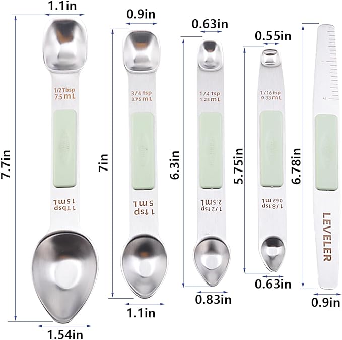 Stainless Steel Magnetic Measuring Spoons Set, Heavy Duty Metal Kitchen Gadgets for Baking & Cooking, Fits in Most Kitchen Spice Jars, Set of 4 with Leveler (Mint green)