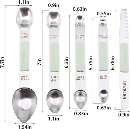Stainless Steel Magnetic Measuring Spoons Set, Heavy Duty Metal Kitchen Gadgets for Baking & Cooking, Fits in Most Kitchen Spice Jars, Set of 4 with Leveler (Mint green)