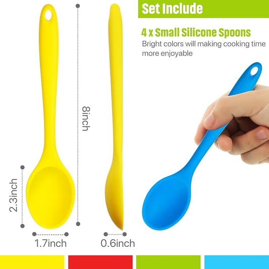 Patelai 4 Pieces Small Silicone Cooking Spoons 8 Inch Heat Resistant Silicone Serving Stirring Spoon for Kitchen Nonstick Cooking Tool Basting Utensils Dishwasher Safe(Dark Red, Green, Yellow, Blue)