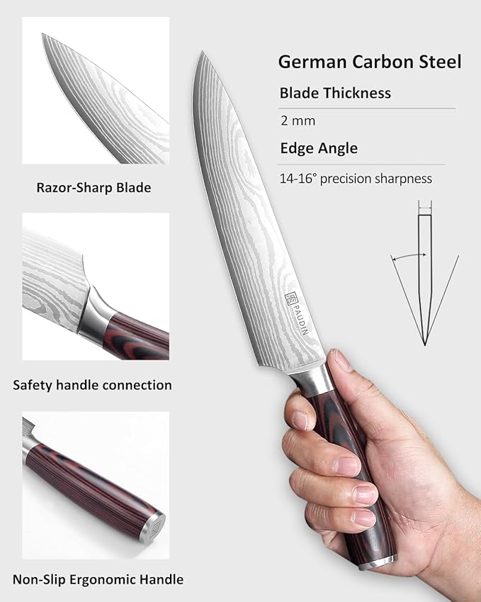 PAUDIN Chef Knife, 9 Inch High Carbon Stainless Steel Sharp Kitchen Knife for Vegetables and Meat, with Sheath, Ergonomic Handle, Gift Box