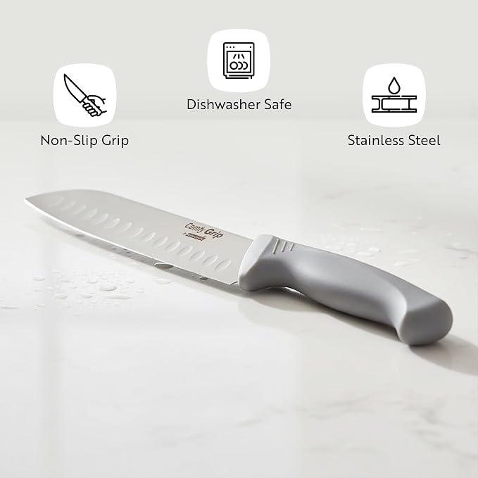Restaurantware Comfy Grip 7 Inch Santoku Knife 1 Sharp Kitchen Knife - Ergonomic Handle Non-Slip Grip Gray Stainless Steel Japanese Chef Knife Dishwashable Granton Edge