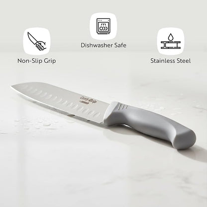 Restaurantware Comfy Grip 7 Inch Santoku Knife 1 Sharp Kitchen Knife - Ergonomic Handle Non-Slip Grip Gray Stainless Steel Japanese Chef Knife Dishwashable Granton Edge
