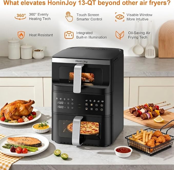 13QT Dual-Basket Air Fryers, Vertical Compact Large Air Fryers with viewing window & Independent Light, 10-in-1 Presets for Home Family, Bake/Dehydrate/Reheat, Double Zone Air Fryer Dishwasher-Safe