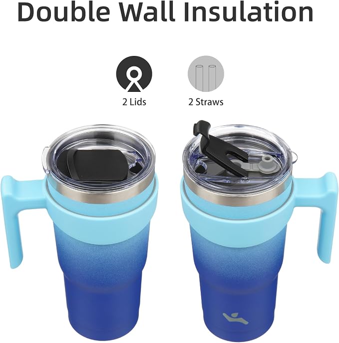 Konokyo 20 oz Tumbler with Handle and 2 Straw 2 Lid, Insulated Water Bottle Stainless Steel Vacuum Cup Reusable Travel Mug,Sky