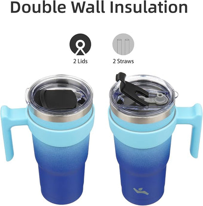 Konokyo 20 oz Tumbler with Handle and 2 Straw 2 Lid, Insulated Water Bottle Stainless Steel Vacuum Cup Reusable Travel Mug,Sky