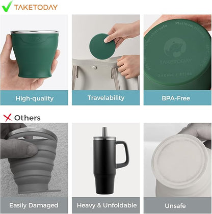 TakeToday Collapsible Travel Cup 8 oz - Silicone Foldable Water Cup, BPA-Free with Lid & Waterproof Bag - Drinking Cup Set for Camping, Outdoors & International Travel（Dark Green）
