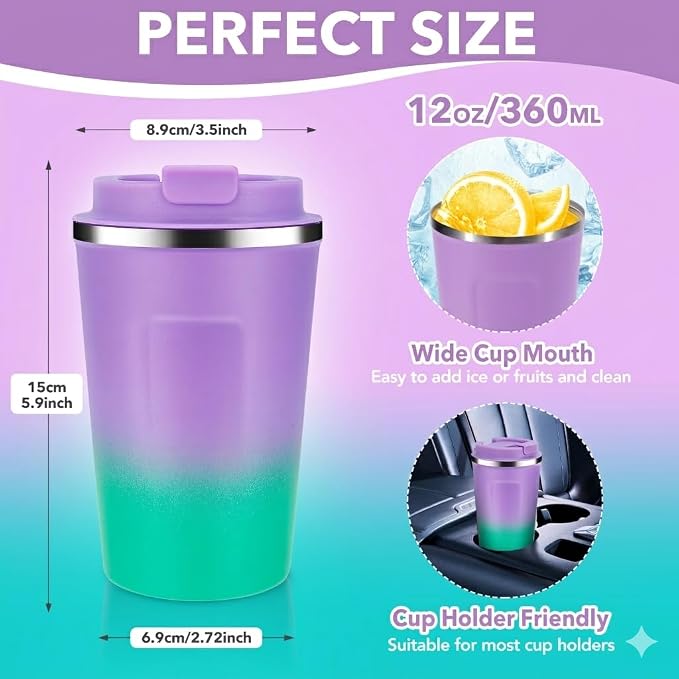 Volhoply 12 oz Double Wall Insulated Vacuum Travel Coffee Mug with Flip Lid Bulk 2 Pack,Reusable Stainless Steel Leak Proof Coffee Cup,Cafe Thermal Tumbler for Cold & Hot Drinks(Purple Green,2 Set)