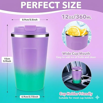 Volhoply 12 oz Double Wall Insulated Vacuum Travel Coffee Mug with Flip Lid Bulk 2 Pack,Reusable Stainless Steel Leak Proof Coffee Cup,Cafe Thermal Tumbler for Cold & Hot Drinks(Purple Green,2 Set)