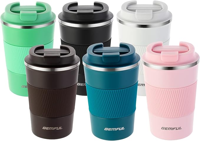GEMFUL To Go Travel Coffee Mug with Lid 13 oz Insulated Cups Spill Proof Tumbler Leak Proof Vacuum Stainless Steel Reusable for Hot Cold Drinks Women Men (6 Pack)