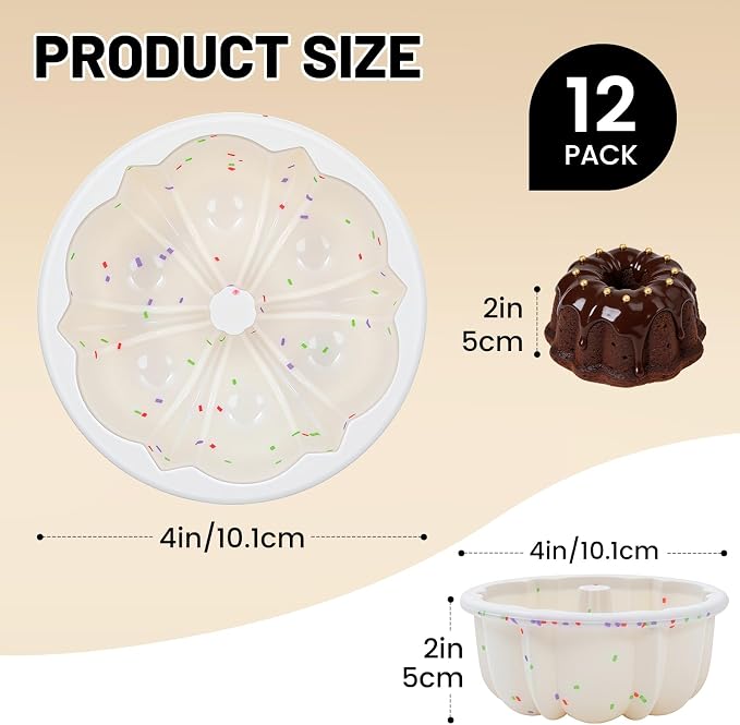 Vinino Silicone Mini Fluted Tube Cake Pan with Metal Reinforced Frame, 12 Pcs Mini Flan Molds for Baking Jello, Muffin, Pudding, Chocoflan, 4 Inch Nonstick Mini Cake Pan for Oven, Dishwasher Safe