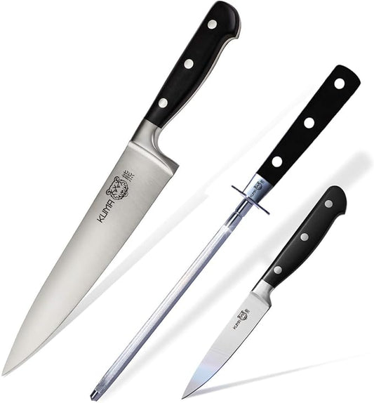 KUMA Essentials Kitchen Knives Set (3 Items) - Razor Sharp out the Box - 8 Inch Chef's Knife for Carving, Slicing, Chopping + Paring Knife + Honing Rod - Great Ergonomic Handle