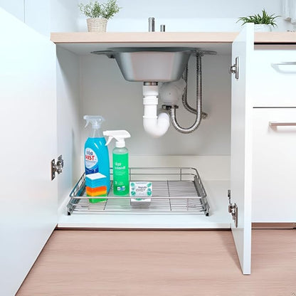 JOWBOOW Sliding Cabinet Organizer Pull Out Shelves (11.7" W x 21" D), Heavy-Duty Slide Out Shelf, Steel Metal Cabinet Roll Out Shelves for Kitchen Bathroom, Chrome