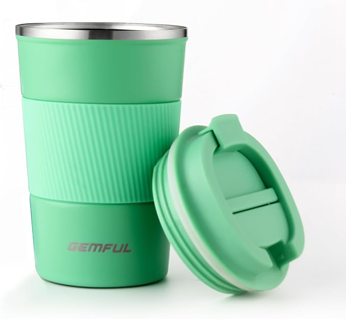 GEMFUL13 oz Insulated Coffee Mug with Lid Spill Proof Travel Mug Tumbler Leak Proof Stainless Steel Cups for Coffee and Tea In Travel and Car Women Men (Green)