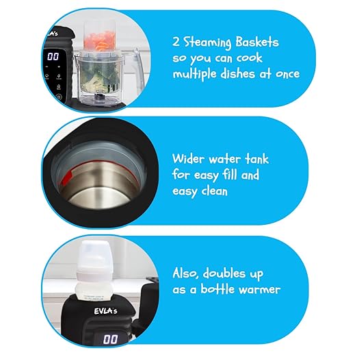 EVLA'S Double Baby Food Maker with 2 Steaming Baskets, Steamer, Blender, Grinder, Food Processor, Cook & Blends Healthy Baby Food in Minutes, Touch Screen, with 6 food pouches, Dark Grey